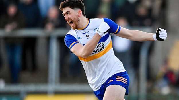 Joe Oguz of Errigal Ciarán celebrates after scoring his side's first goal during the AIB Ulster GAA Senior Club Football Championship final match between Errigal Ciarán of Tyrone and Kilcoo of Down at BOX-IT Athletic Grounds in Armagh. Photo by Ramsey Cardy/Sportsfile.