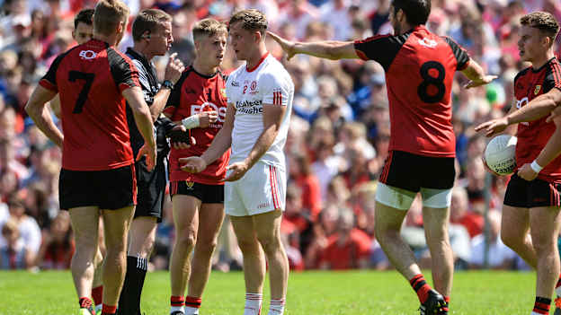 Kieran McGeary of Tyrone speaks with Referee Joe McQuillan during the 2017 Ulster GAA Football Senior Championship Final match between Tyrone and Down at St Tiernach's Park in Clones, Co. Monaghan. Photo by Oliver McVeigh/Sportsfile