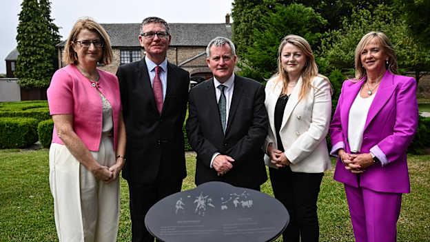 The new plaque is unveiled by, from left, Iar Uachtarán an Cumann Camógaíochta Hilda Breslin, Ard Stiúrthóir of the GAA Tom Ryan, Minister of State Kieran O'Donnell TD, OPW Head of Heritage and  Capital Works Rosemary Collier and LGFA chief executive offcer Helen O'Rourke at the Launch of Clann of Gaelic Games exhibition at Phoenix Park visitor centre marking the 140, 120 and 50 anniversaries of the GAA, Camogie and LGFA and unveiling a plaque to mark the venue of the 1893 GAA All-Ireland finals in the Park. Photo by Harry Murphy/Sportsfile