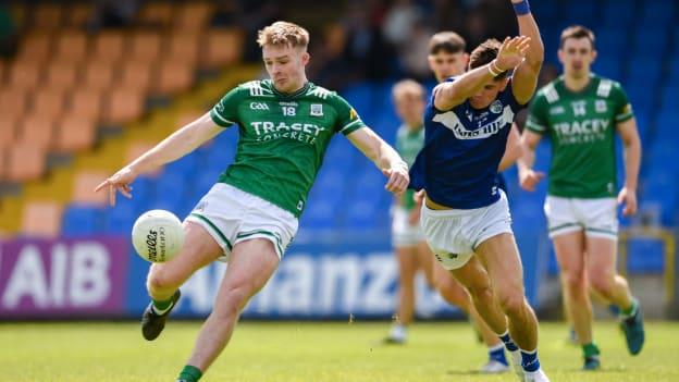 Brandon Horan, Fermanagh, and Kevin Swayne, Laois, in Tailteann Cup action. Photo by Tom Beary/Sportsfile