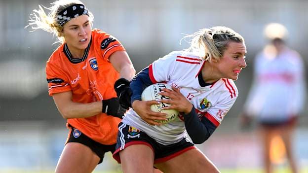 Emma Cleary of Cork in action against Lauren McConville of Armagh during the Lidl Ladies National Football League Division 1 match between Armagh and Cork at St. Oliver Plunkett Park in Crossmaglen, Armagh. Photo by Stephen McCarthy/Sportsfile.