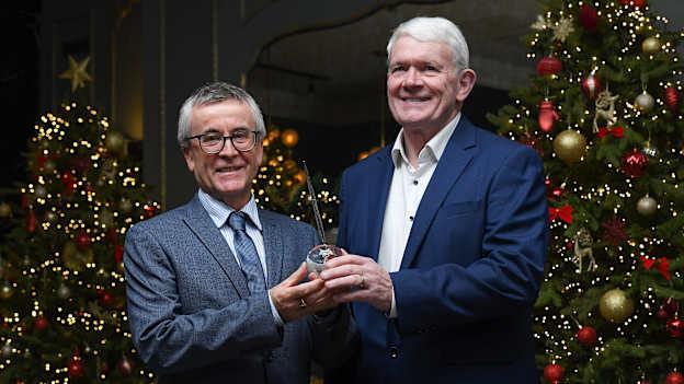 Former Sunday World sports writer Seán McGoldrick is presented with the GWA Lifetime Achievement Award award by Martin Breheny at the Gaelic Writers’ Awards, supported by Dalata Hotel Group, at the Iveagh Garden Hotel in Dublin. Photo by Matt Browne/Sportsfile.