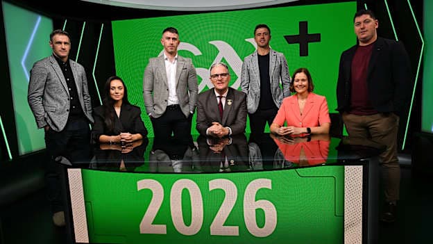 Uachtarán Chumann Lúthchleas Gael Jarlath Burns with GAA+ presenters Aisling O'Reilly and Gráinne McElwain with former players and GAA+ pundits, from left, David Burke, Patrick McBrearty, Stefan Campbell and John 'bubbles' O'Dwyer at the 2026 GAA+ Season Pass and match broadcast schedule launch at the new GAA+ studio facility in Croke Park. Fans can avail of 40 exclusive live matches in Ireland for €95 via GAAplus.ie. Photo by David Fitzgerald/Sportsfile.