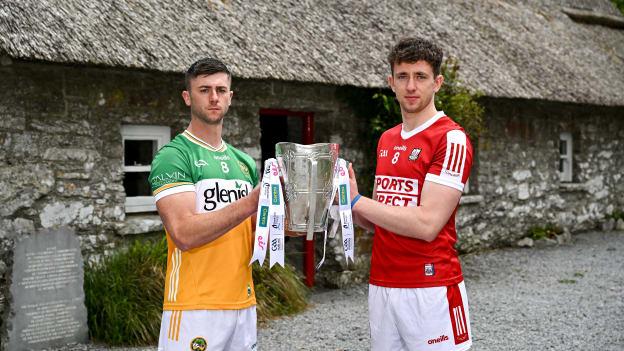 Jason Sampson of Offaly, left, and Ethan Twomey of Cork with the Liam MacCarthy cup during the national launch of the GAA Hurling All-Ireland Senior Championship at the Michael Cusack Centre in Carran, Clare. Photo by Brendan Moran/Sportsfile.