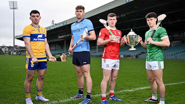 Mark Rodgers, Clare, Ronan Hayes, Dublin, Niall O'Leary, Cork, and Adam English, Limerick, pictured at TUS Gaelic Grounds ahead of Sunday's Allianz Hurling League Division 1A and 1B Finals. Photo by Sam Barnes/Sportsfile