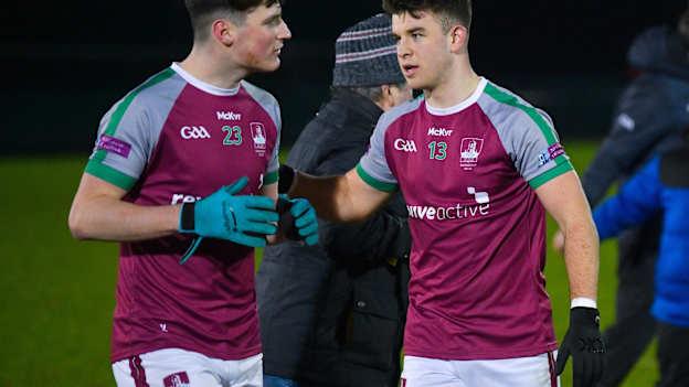 Éire Óg clubman Mark McInerney and Tomo Culhane following NUIG's 2022 Sigerson Cup Semi-Final win over MTU Kerry. Photo by Diarmuid Greene/Sportsfile