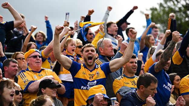 Clare supporters react to their side winning a late free in the closing moments of the Munster GAA Hurling Senior Championship Round 1 match between Clare and Cork at Zimmer Biomet Páirc Chíosóg in Ennis, Clare. Photo by Brendan Moran/Sportsfile.