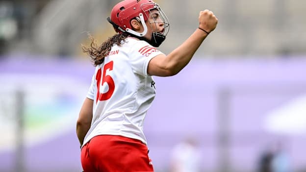 Sorcha McCartan of Cork celebrates scoring a point during the Glen Dimplex All-Ireland Senior Camogie Championship final match between Galway and Cork at Croke Park in Dublin. Photo by Paul Phelan/Sportsfile.