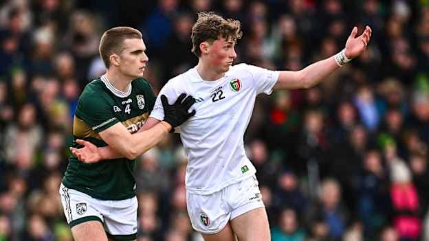 Kobe McDonald of Mayo is marked by Dylan Casey of Kerry during the Allianz Football League Division 1 match between Kerry and Mayo at Austin Stack Park in Tralee, Kerry. Photo by Piaras Ó Mídheach/Sportsfile.