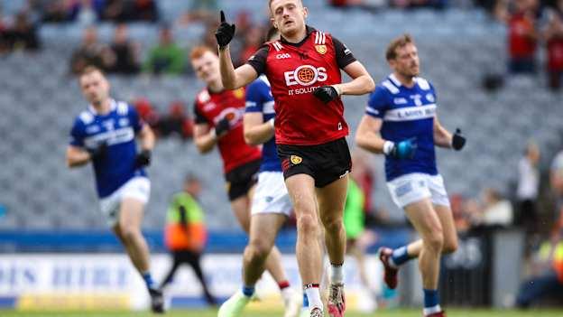Liam Kerr of Down celebrates after scoring his side's fifth goal during the 2023 Tailteann Cup Semi Final match between Down and Laois at Croke Park in Dublin. Photo by Michael P Ryan/Sportsfile.