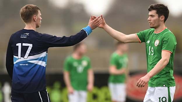 Tristan Noack-Hofmann of Ireland and Max Verkaik of Scotland shake hands following the Colleges & Universities Football League International Friendly match between Ireland and Scotland at Oriel Park, in Dundalk, Co. Louth. Photo by Seb Daly/Sportsfile.