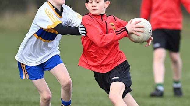 Action from an Antrim Schools Cup Gaelic football match between De La Salle College, Belfast and Blessed Trinity College. 