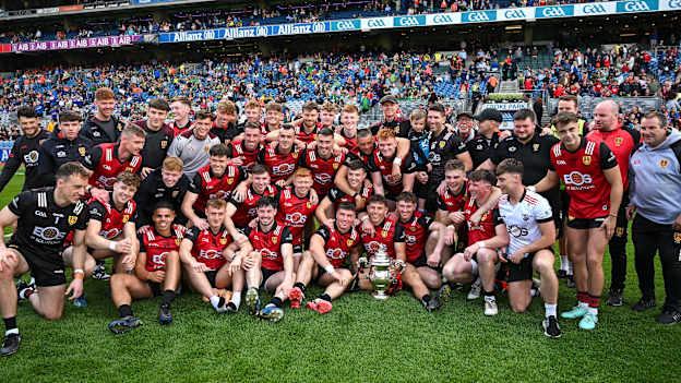 The Down captain Pierce Laverty and his team mates with the Tailteann Cup after the Tailteann Cup Final match between Down and Laois at Croke Park in Dublin. Photo by Ray McManus/Sportsfile.