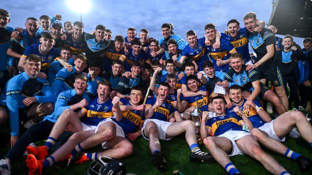 Tipperary players celebrate with the cup after the oneills.com Munster GAA U20 Hurling Championship final match between Tipperary and Cork at TUS Gaelic Grounds in Limerick. Photo by Ben McShane/Sportsfile.