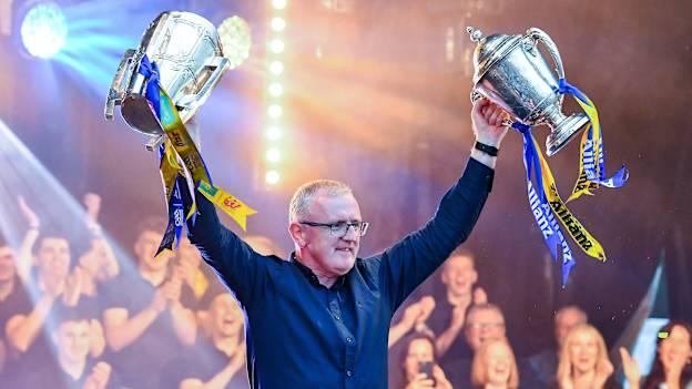 Clare manager Brian Lohan with the Liam McCarthy cup, left, and the league trophy during the homecoming celebrations of the Clare All-Ireland Senior Hurling Champions at Active Ennis Tim Smythe Park in Clare. Photo by John Sheridan/Sportsfile.