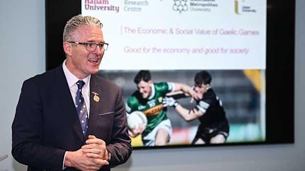 Uachtarán Chumann Lúthchleas Gael Jarlath Burns speaking at the launch of the Economic Impact and Social Value report on Gaelic Games, at Croke Park in Dublin. Photo by Seb Daly/Sportsfile.