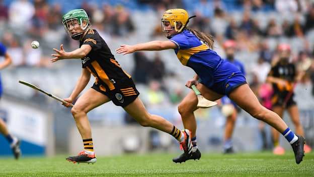 Laura Murphy of Kilkenny in action against Mary Burke of Tipperary during the Glen Dimplex Senior All-Ireland Camogie Championship quarter-final match between Kilkenny and Tipperary at Croke Park in Dublin. Photo by John Sheridan/Sportsfile.