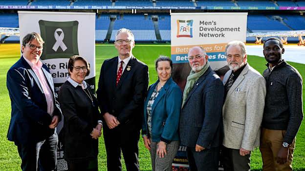 Uachtarán Chumann Lúthchleas Gael Jarlath Burns is pictured with from left, Men’s Development Network: Managing Director Kenny Doyle, Chairperson Rose Hearne, White Ribbon Accreditation Officer Daniela Monday, CEO Seán Cooke, Secretary John Brophy and Programme Coordinator Frederick Okokgu at the GAA Official Charity Partners 2025 launch at Croke Park in Dublin. Photo by Ray McManus/Sportsfile