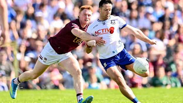 Dessie Ward, Monaghan, and Ronan Wallace, Westmeath, in All-Ireland SFC action. Photo by Ben McShane/Sportsfile