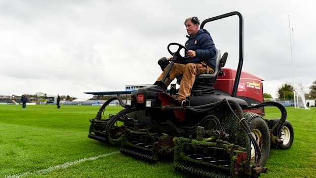 Groundsman David Hoey cuts the grass in preparation for the following days game between Clare and Cork in the Munster GAA Senior Hurling Championship after the Munster GAA Football Senior Championship semi-final match between Clare and Tipperary at Zimmer Biomet Cusack Park in Ennis, Clare. Photo by Tom Beary/Sportsfile.