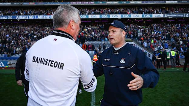 Pádraic Joyce and Dessie Farrell shake hands following Saturday evening's All-Ireland SFC Quarter-Final at Croke Park. Photo by Harry Murphy/Sportsfile