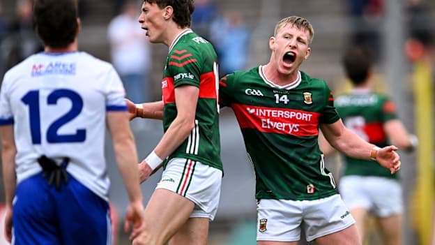 Mayo's Kobe McDonald and Ryan O'Donoghue celebrate after defeating Monaghan in Round One of the All-Ireland SFC. Photo by Piaras Ó Mídheach/Sportsfile