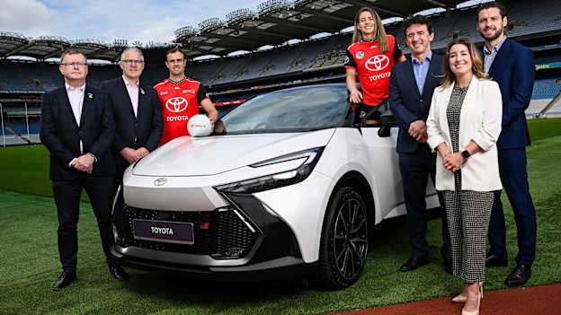 Galway footballer and Toyota ambassador John Maher and Dublin Camogie captain and Toyota ambassador Aisling Maher with the Toyota C-HR Hybrid, alongside Steve Tormey, CEO of Toyota Ireland, Zoë Bradley, Head of Marketing at Toyota Ireland, Brian Molloy, President of The Camogie Association, Jarlath Burns, President of the GAA and Tom Parsons, CEO of the GPA. Under this new three-year agreement, Toyota becomes the Official Car Partner to these sporting organisations and reflects Toyota’s continued commitment to supporting Irish sport and communities across the country. Photo by Seb Daly/Sportsfile