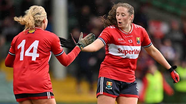 Aine O'Sullivan, Cork, right, congratulates Katie Quirke. Photo by Sam Barnes/Sportsfile