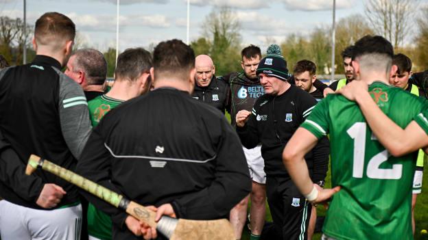 Fermanagh manager Joe Baldwin speaks to his players. 