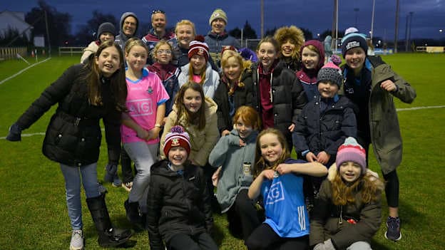 Dublin supporters and members of the Raheny GAA Club with Carla Rowe after the 2023 Lidl Ladies National Football League Division 1 Round 5 match between Dublin and Mayo at DCU St Clare's in Dublin. Photo by Ray McManus/Sportsfile.