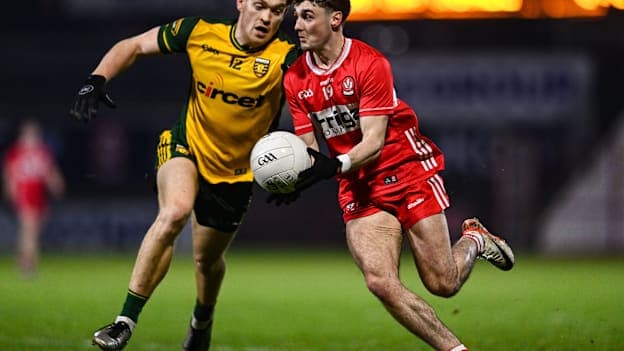 Conor McAteer, Derry,and Ciarán Moore, Donegal, in Dr McKenna Cup action. Photo by Ben McShane/Sportsfile
