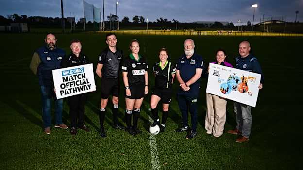 Pictured at the GAA National Games Development Centre in Abbotstown, Dublin, during a photoshoot to mark the launch of a new Match Officials Pathway by the Gaelic Games Associations are, from left, GAA Handball operations manager Padraig Gaffney, GAA club referee development lead Mike Henchy, GAA referee Rory Hanley, Camogie referee Jenny Casserly, LGFA referee Angela Gallagher, GAA Handball referee Frank Daly, LGFA national development officer Lizzie Flynn and Camogie Association referee development and education co-ordinator John Dermody. Photo by Tyler Miller/Sportsfile.