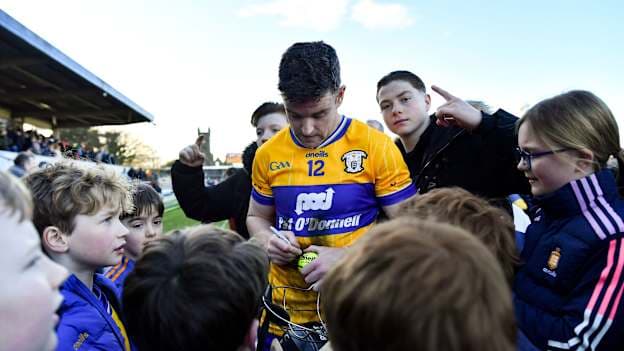 Tony Kelly of Clare signs autographs for young supporters after his side's victory in the Allianz Hurling League Division 1B match between Clare and Dublin at Zimmer Biomet Páirc Chíosóg in Ennis, Clare. Photo by Tom Beary/Sportsfile.