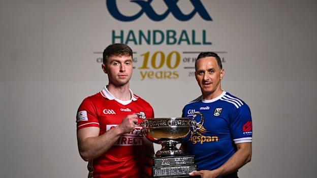 David Walsh, left, and Paul Brady, contest the Men’s Senior Singles Handball final. 