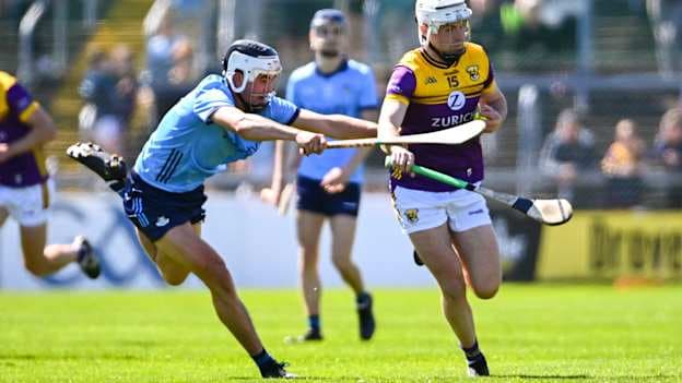Rory O'Connor of Wexford in action against Paddy Doyle of Dublin during the Leinster GAA Hurling Senior Championship Round 1 match between Wexford and Dublin at Chadwicks Wexford Park in Wexford. Photo by Tyler Miller/Sportsfile.