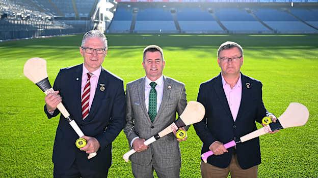 Uachtarán Chumann Lúthchleas Gael Jarlath Burns and Terry Reilly, chairperson of the Hurling Development Committee, centre, Camogie Association president Brian Molloy, right, during the Hurling Development Committee media event at Croke Park in Dublin. Photo by Piaras Ó Mídheach/Sportsfile.