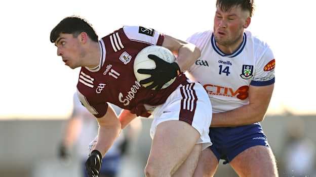 Ciaran Mulhern of Galway in action against Andrew Woods of Monaghan during the Allianz Football League Division 1 match between Monaghan and Galway at Grattan Park in Inniskeen, Monaghan. Photo by Ramsey Cardy/Sportsfile.