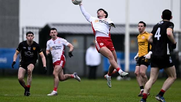 Michael McKernan of Tyrone gathers possession of a fielded ball during the Bank of Ireland Dr McKenna Cup match between Tyrone and Down at Plunkett Park in Pomeroy, Tyrone. Photo by Ben McShane/Sportsfile.
