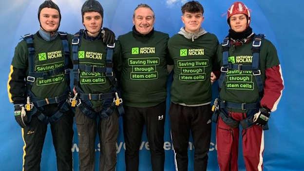 Pictured left to right after their charity skydive are Strabane Sigersons club-members Rian Coyle, Dara Langan, Ciaran McLaughlin, Hayden Snodgrass and Rian Patton.