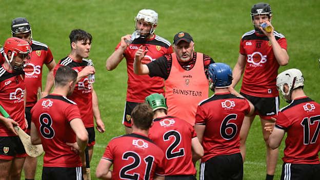 Down manager Ronan Sheehan talks to his players at a drinks break during the Allianz Hurling League Division 2A Round 4 match between Offaly and Down at Bord na Móna O'Connor Park in Tullamore, Offaly. Photo by Sam Barnes/Sportsfile.