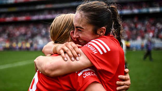 Laura Treacy and Amy O'Connor celebrate following Cork's 2024 All-Ireland Camogie Final win over Galway at Croke Park. Photo by Piaras Ó Mídheach/Sportsfile