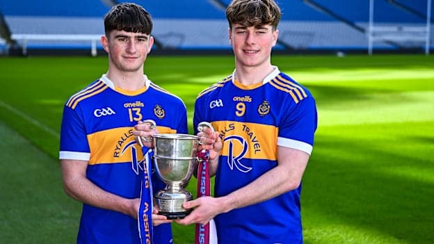 Eoghan Costello, left, and Cillian Hurley, joint captains of CBS, The Green, Tralee, Kerry, with the cup ahead of the upcoming Masita All Ireland PPS Paddy Buggy Hurling Final against St Patrick's College, Maghera, Derry, during the Masita All-Ireland Post Primary Schools Finals 2026 launch at Croke Park in Dublin. Photo by Piaras Ó Mídheach/Sportsfile.