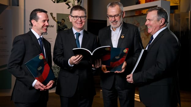 In attendance at the GAA Annual Report launch are, from left, GAA director of finance Ger Mulryan, Ard Stiúrthóir of the GAA Tom Ryan, Uachtarán Chumann Lúthchleas Gael Larry McCarthy and Croke Park Stadium Director Peter McKenna at Croke Park in Dublin. Photo by Seb Daly/Sportsfile.