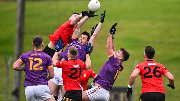 Fiachra Ward, Wolfe Tones, and Jarad Rushe, Dunshaughlin, collide during the Meath SFC Final at Páirc Tailteann. Photo by Ben McShane/Sportsfile