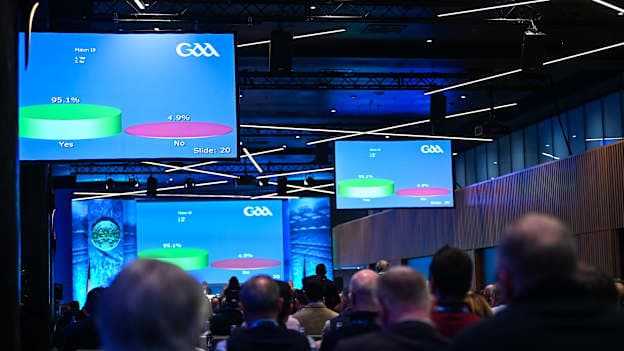 The result of Motion 19, regarding a proposal is to bring dissent rules, similar to those applied in Gaelic Football, into hurling during day two of the GAA Annual Congress at Croke Park in Dublin. Photo by Piaras Ó Mídheach/Sportsfile.