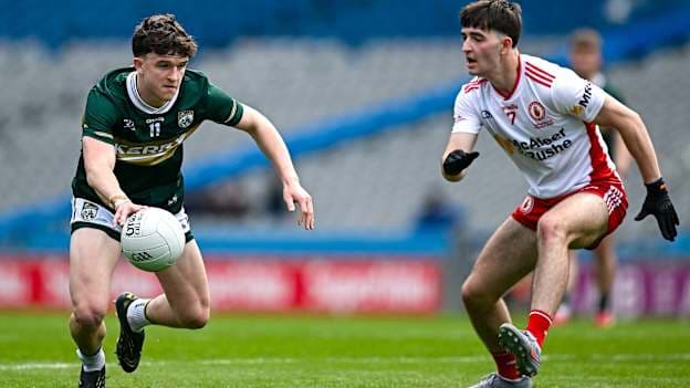 Gearóid White of Kerry in action against Brian Gallagher of Tyrone during the Dalata Hotels Group GAA Football All-Ireland U20 Championship final match between Kerry and Tyrone at Croke Park in Dublin. Photo by Seb Daly/Sportsfile.