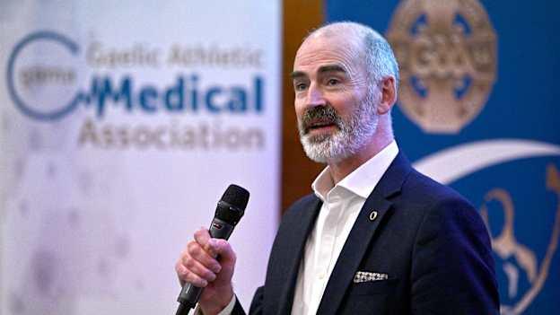 Dr. Ciarán Kearney pictured speaking at the 2024 Gaelic Games Player Welfare Conference. 