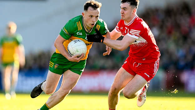 Aaron Doherty, Dún na nGall, agus Diarmuid Baker, Doire, i gCluiche Ceathrú Ceannais Uladh anuraidh nuair a d'imir na foirne in aghaidh a chéile