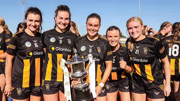 Kilkenny captain Katie Power celebrates with teammates after the Leinster Senior Camogie final match between Wexford and Kilkenny at Netwatch Cullen Park in Carlow. There are no match action pictures from this game at the request of the participating players. Photo by Michael P Ryan/Sportsfile.