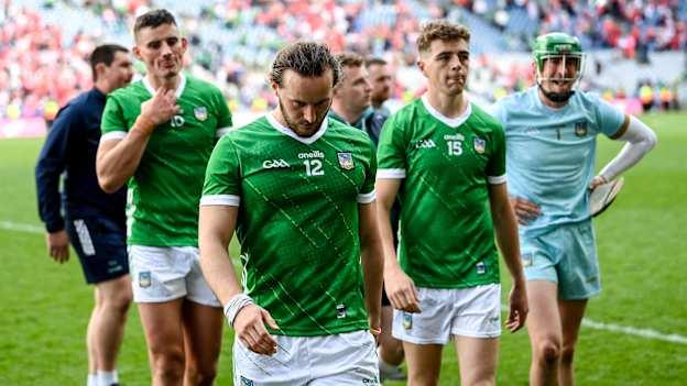 Limerick players, from left, Gearóid Hegarty, Tom Morrissey, David Reidy and Nickie Quaid leave the pitch after the GAA Hurling All-Ireland Senior Championship semi-final match between Limerick and Cork at Croke Park in Dublin. Photo by Stephen McCarthy/Sportsfile